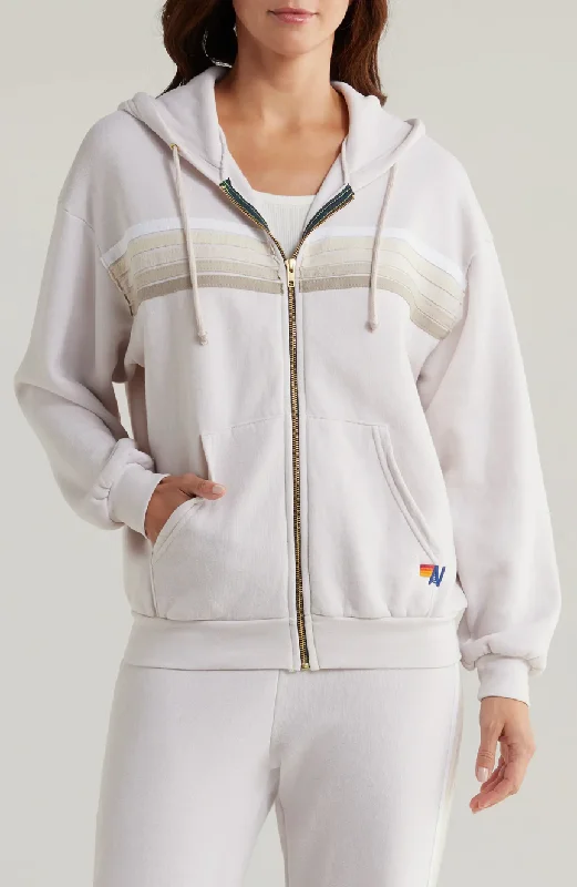 AVIATOR NATION UNISEX 5 STRIPE RELAXED ZIP HOODIE - DOVE GREY/WHITE GREY