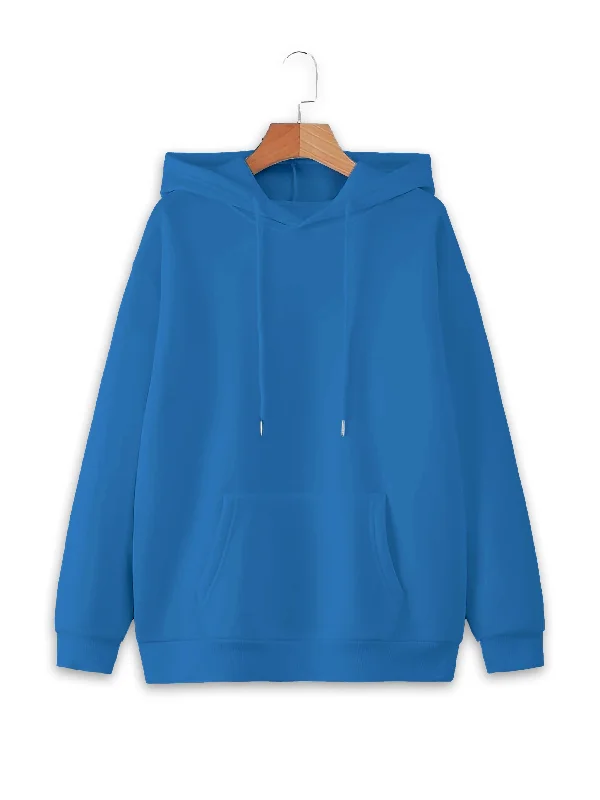 Vimal Jonney Blue Solid Hooded Cotton Fleece Sweatshirt for Women