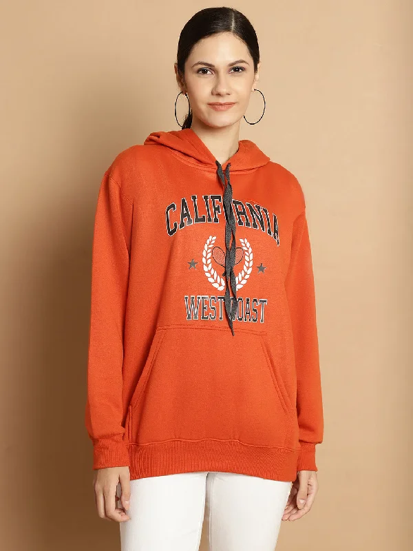 Vimal Jonney Rust Printed Hooded Cotton Fleece Sweatshirt for Women