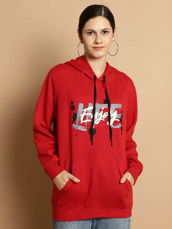 Vimal Jonney Maroon Printed Hooded Cotton Fleece Sweatshirt for Women