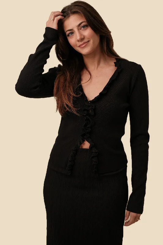 Needii Marilyn Ruffle Detail Knit Cardigan (Black)