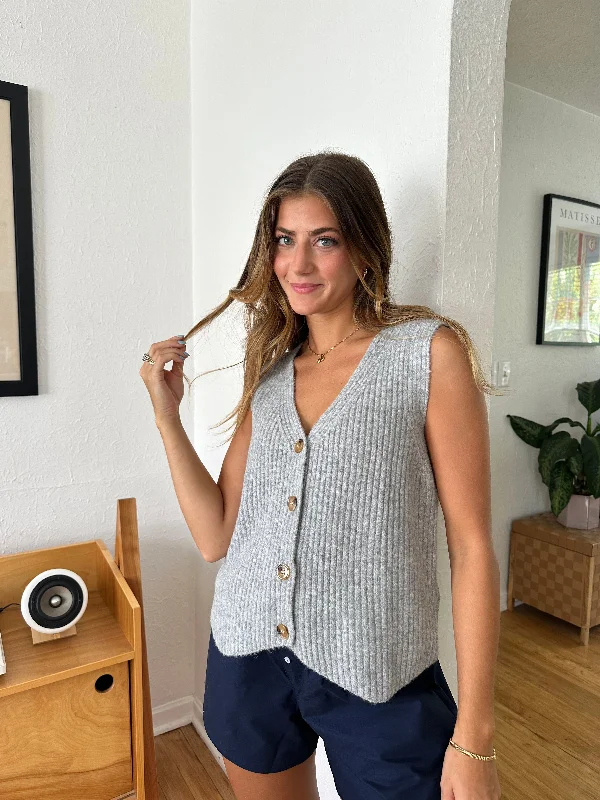 Things Between Clarissa Grey Ribbed Button Vest Top