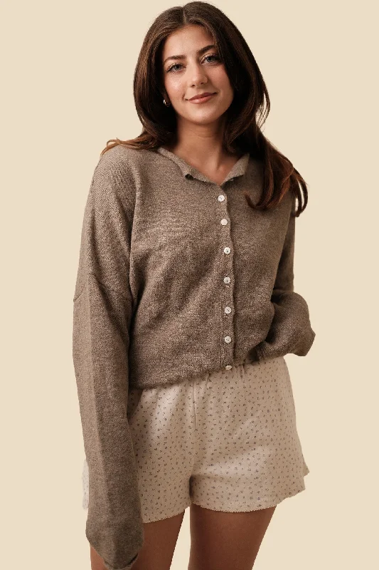 Things Between Piper Knit Rolled Hem Button Cardigan (Mocha)