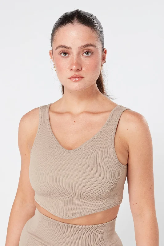 Twill Active Rib Dip Hem Sports Bra - MOCHA