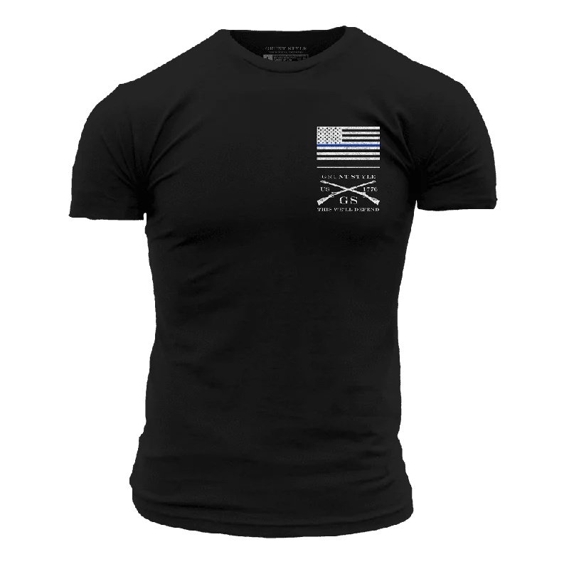 Basic Blue Line Flag T-Shirt - Black