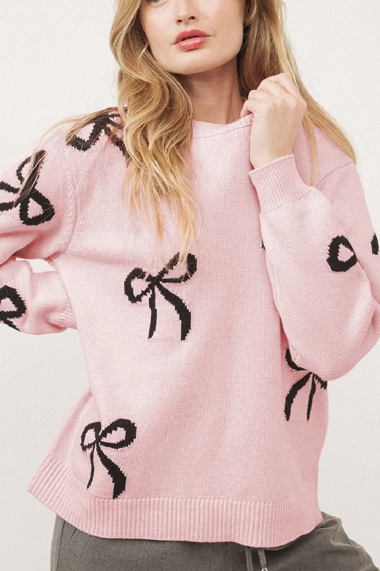 Bow Pattern Round Neck Loose Fit Sweater