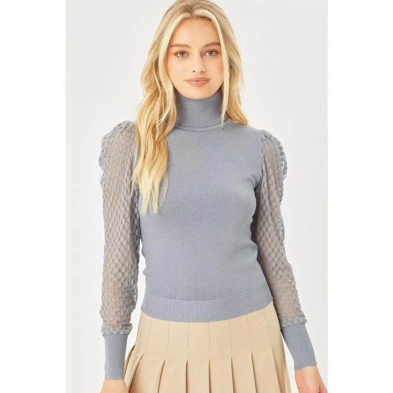 Ash Blue Puff Sleeve Turtle Neck