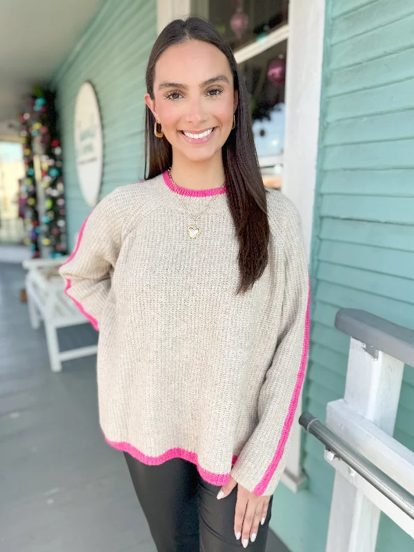 The Margeret Magenta Stripe Long Sleeve Sweater-Taupe