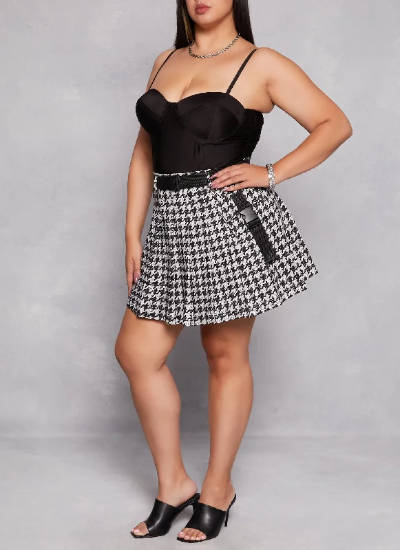 Plus Size Houndstooth Belted Pleated Skirt