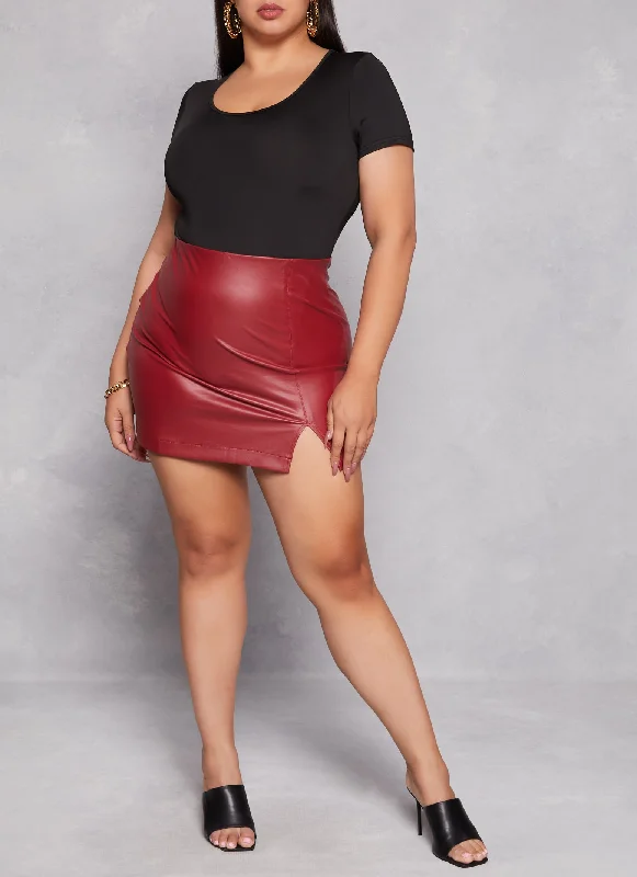 Plus Size Faux Leather Side Slit Skirt